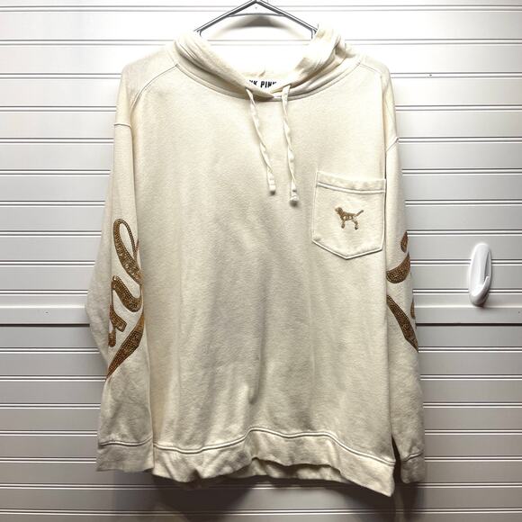 PINK Victoria’s Secret Oversized Cream Hoodie w/Gold Sequence Branding Size M - Picture 2 of 13